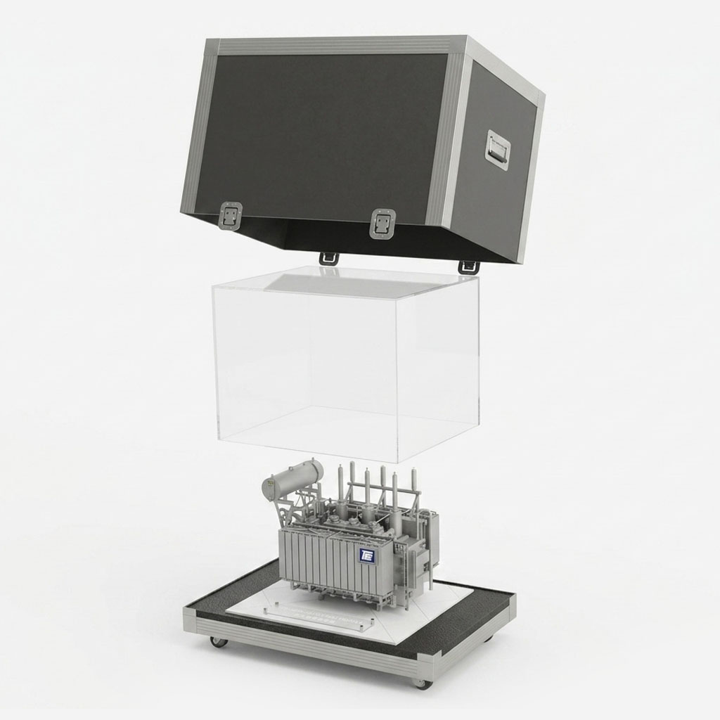 Opened crate with model and acrylic cover lifted